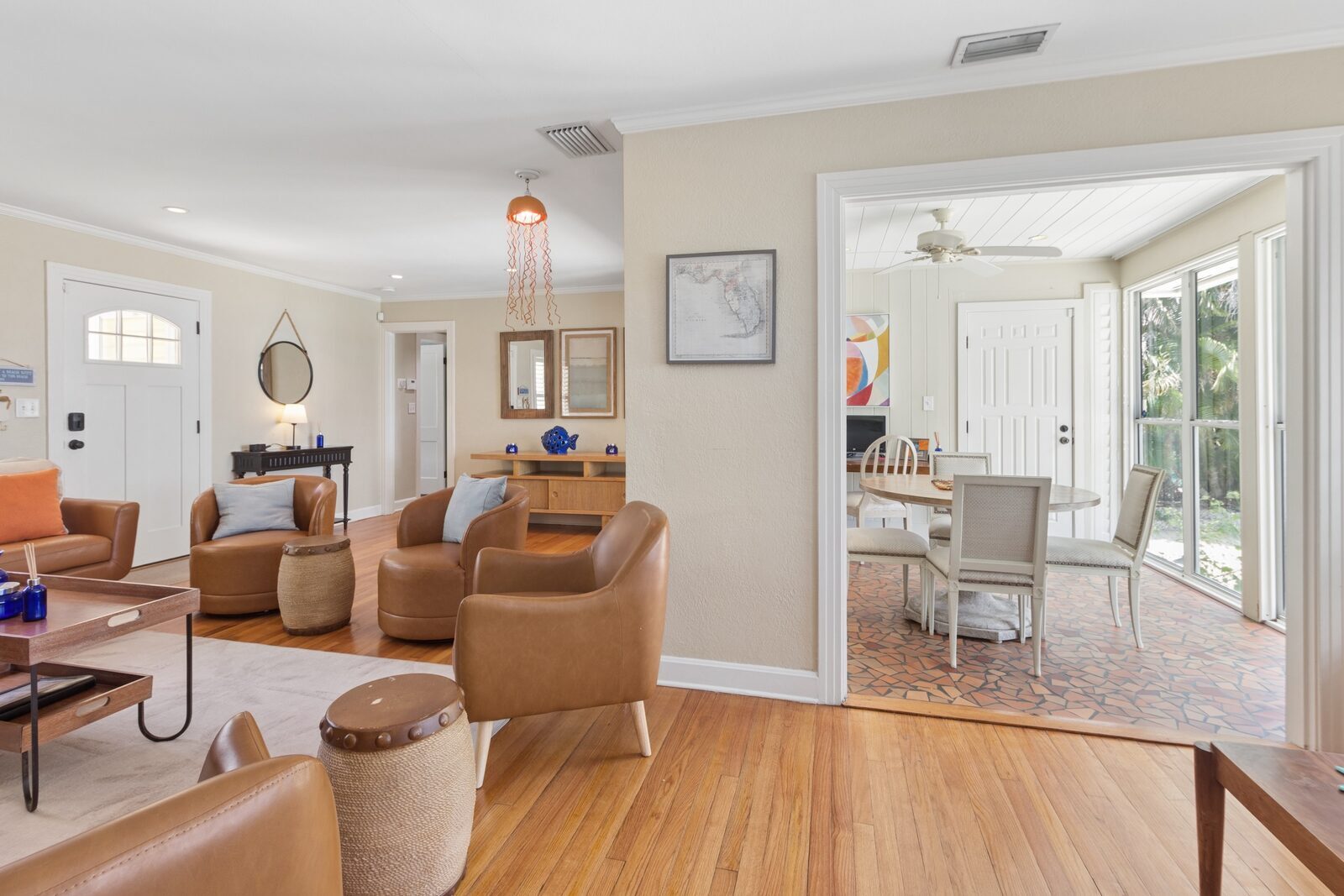 Living room showing entry and dining room