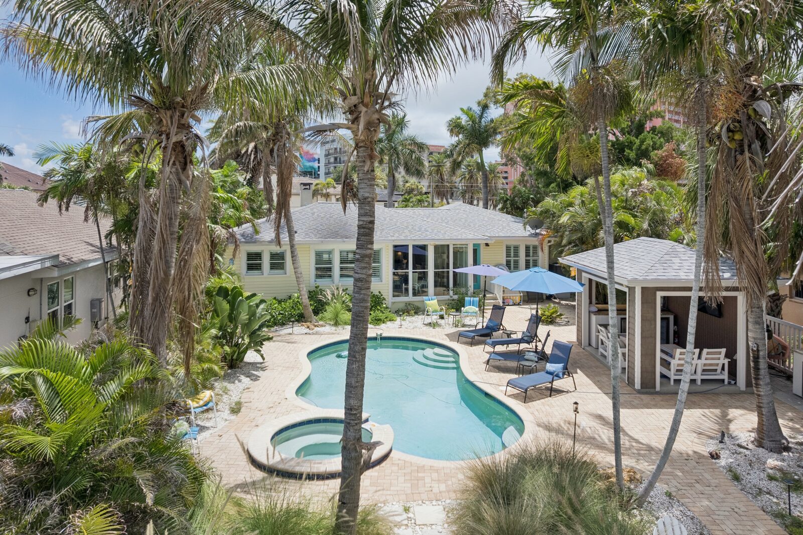 Elevated view of pool and hot tub