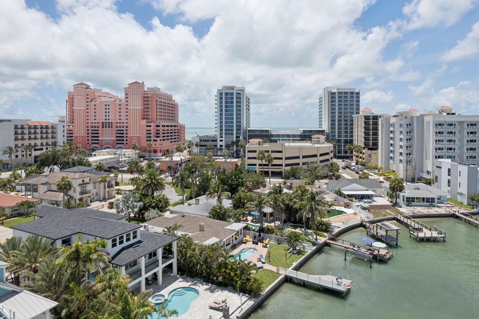 Aerial — neighborhood, pool, dock and Clearwater Beach
