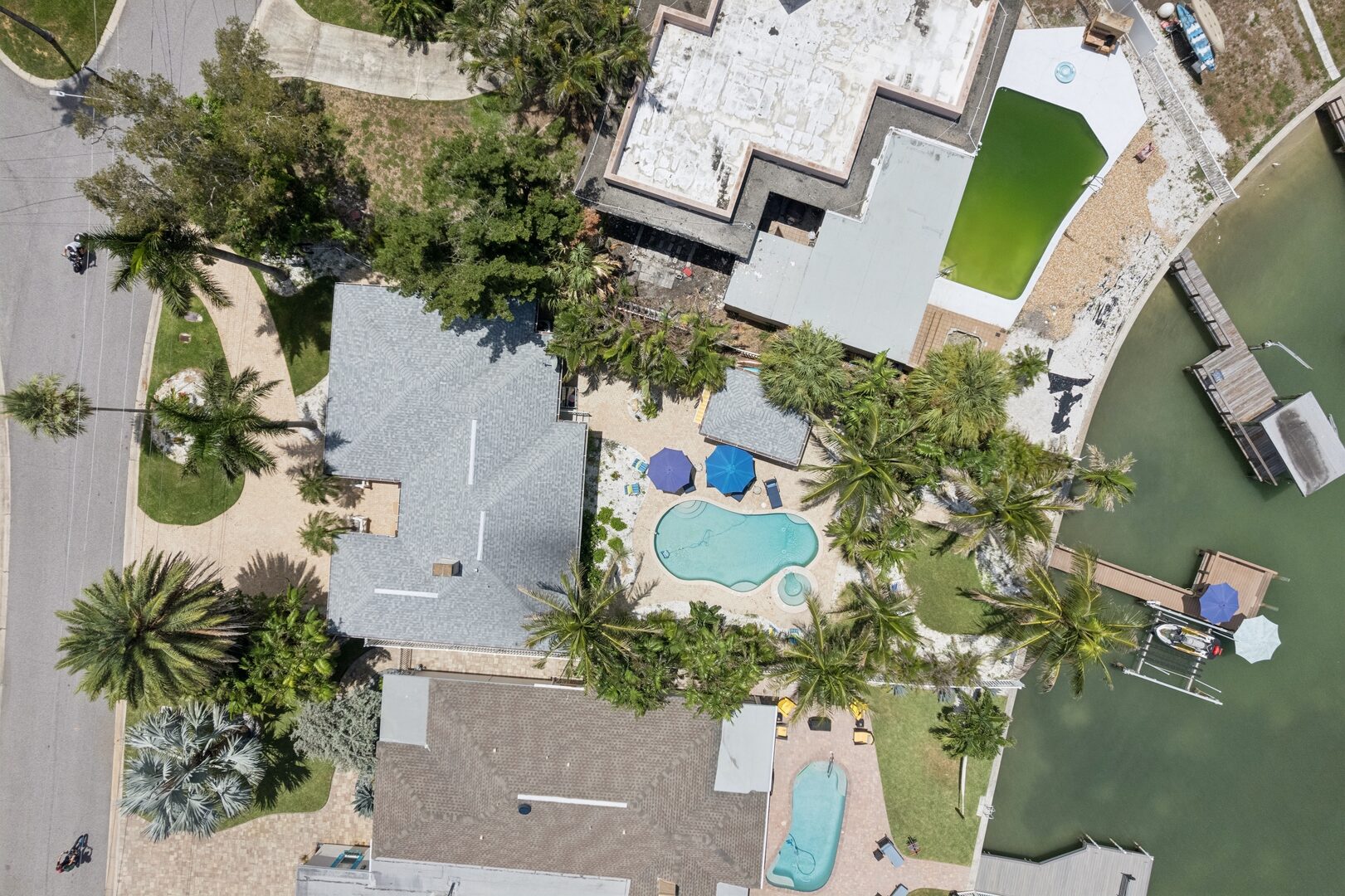 Overhead drone — pool, palms and private dock