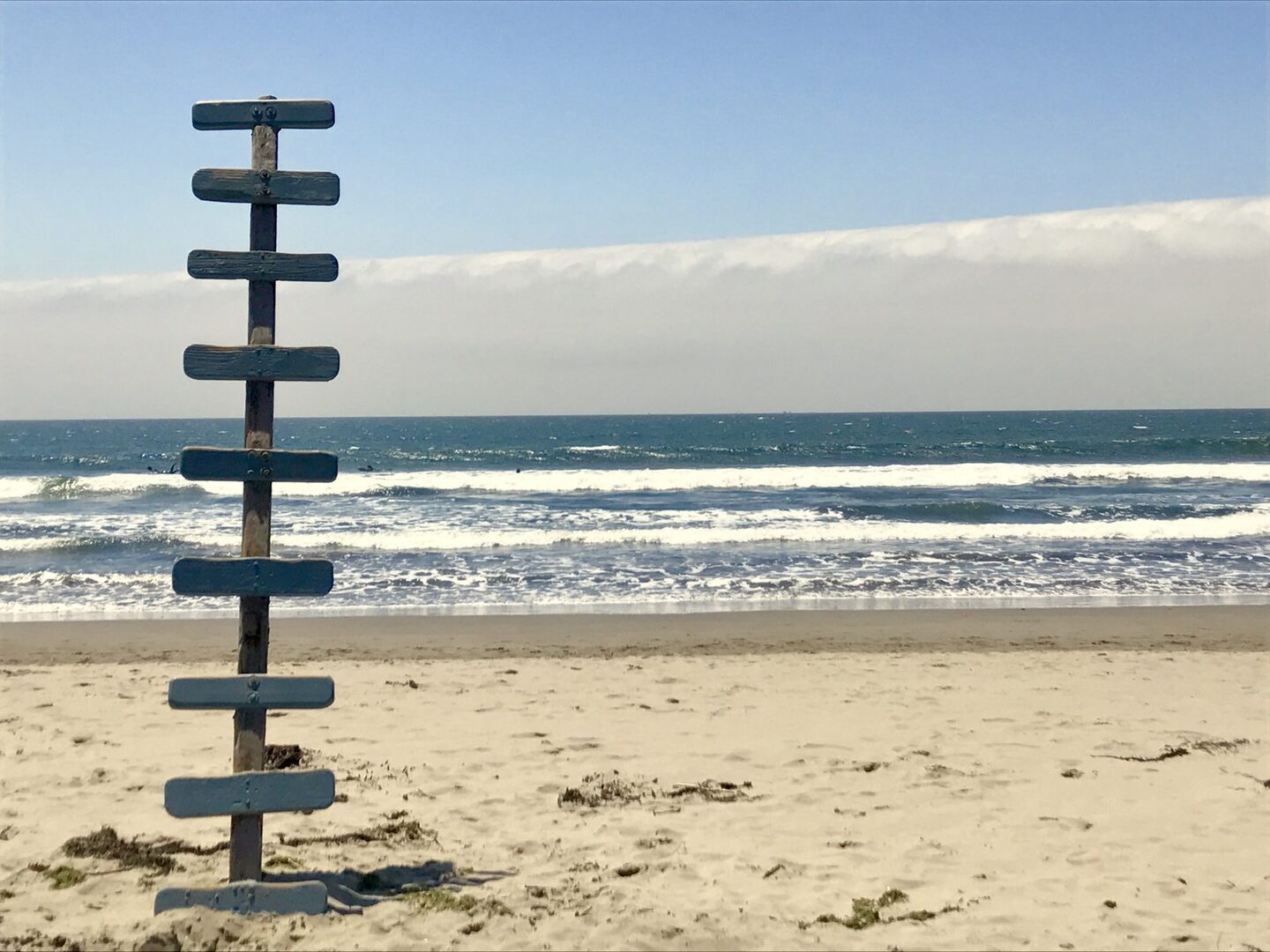 Driftwood trail marker on the beach with surfers in the distance