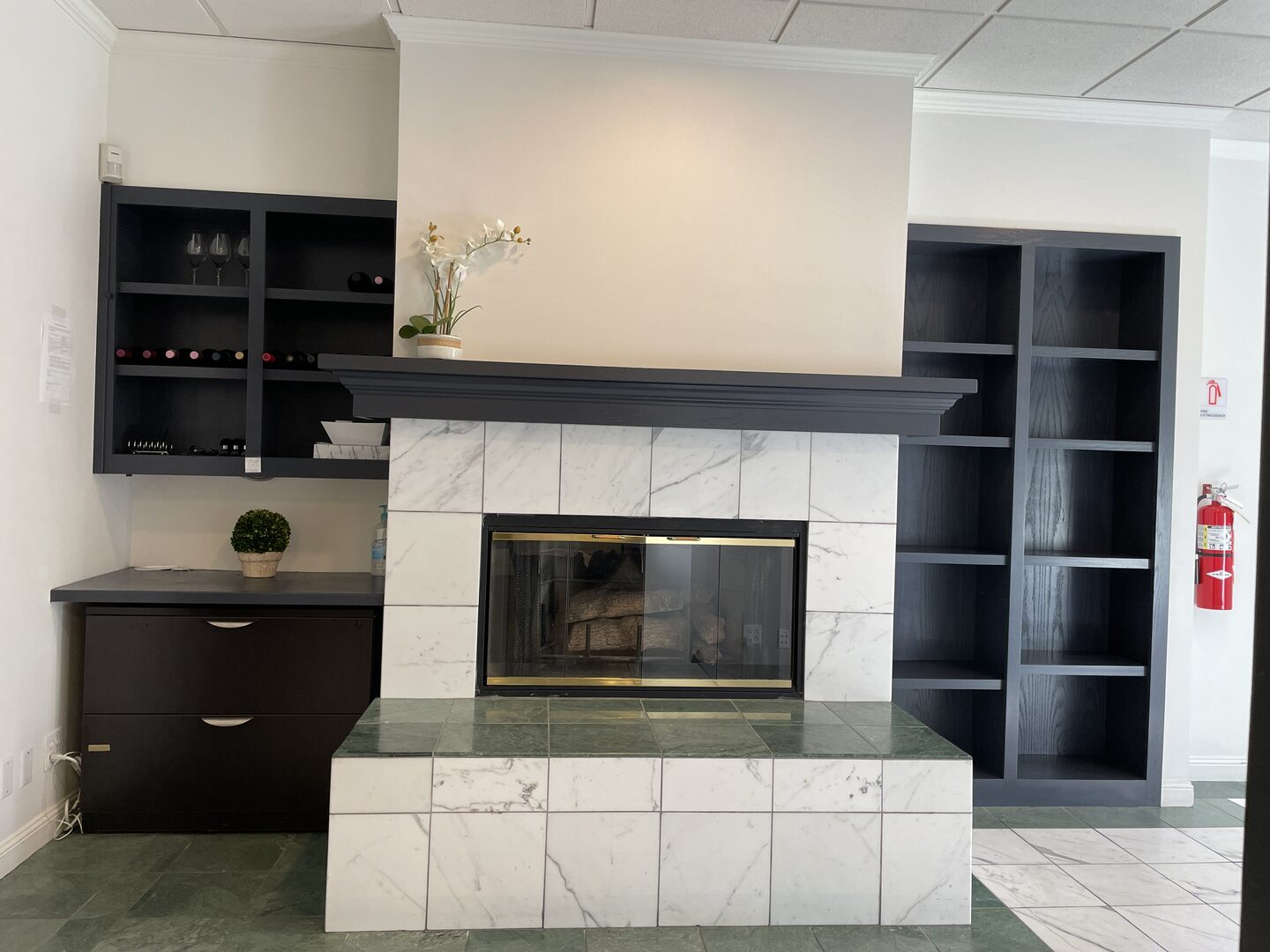 Reception area with fireplace