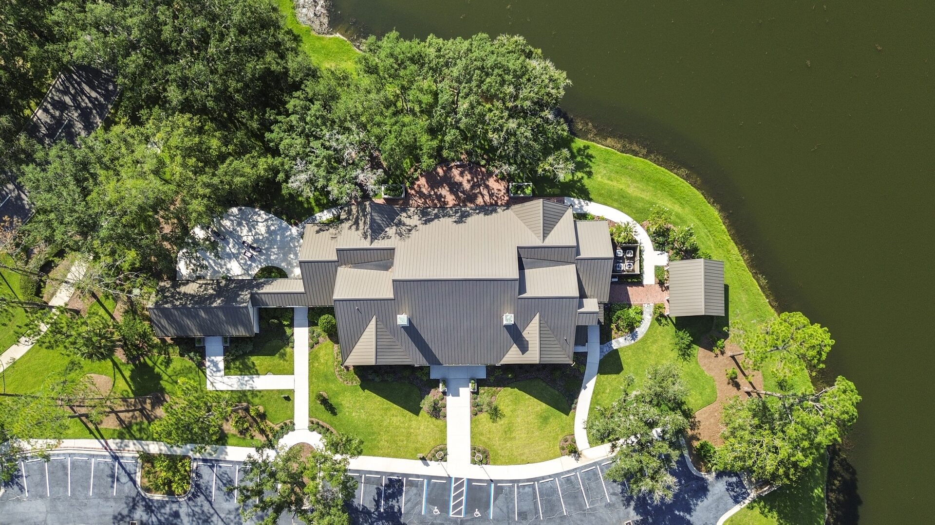 Aerial view of the rooftop and surrounding lake