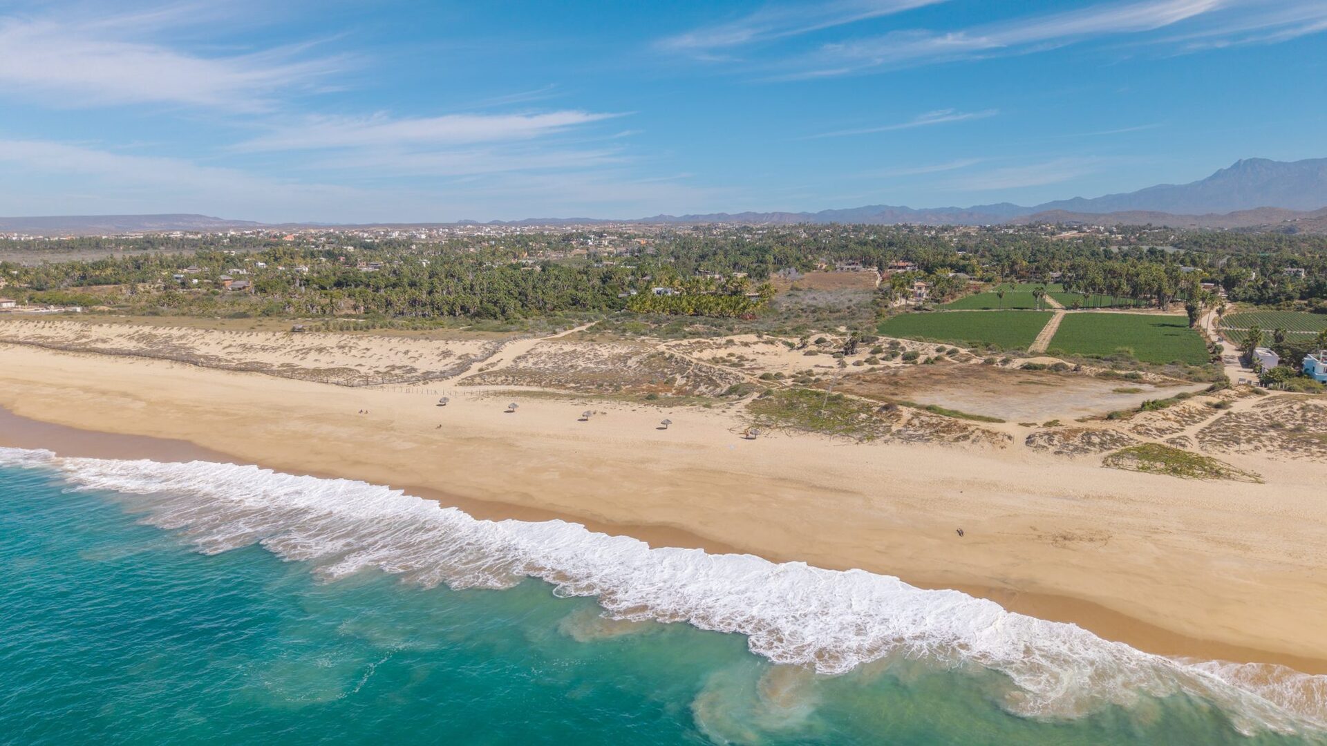 Aerial view of the beach, farmland, and town of Todos Santos
